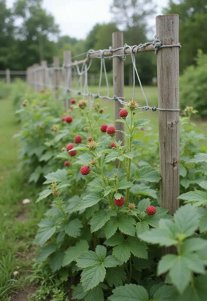 25+ Raspberry Trellis Ideas for a Healthy Organized Harvest - 7. Simple String Trellis for Minimalist Gardens