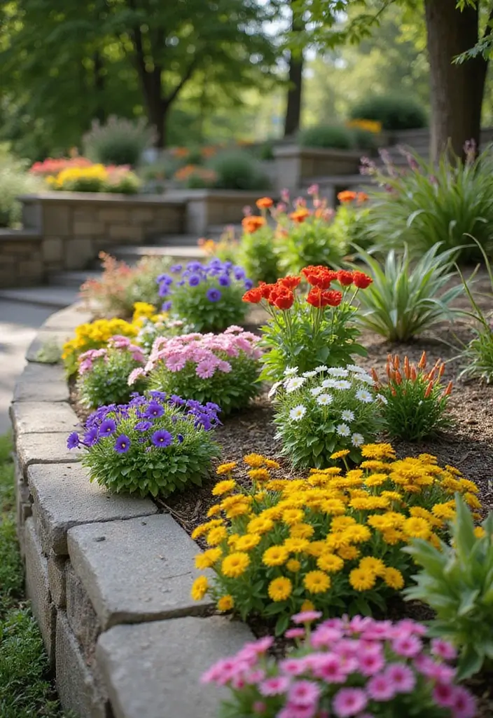 25+ Retaining Wall Planter Ideas That Add Green Layers - 15. Seasonal Displays