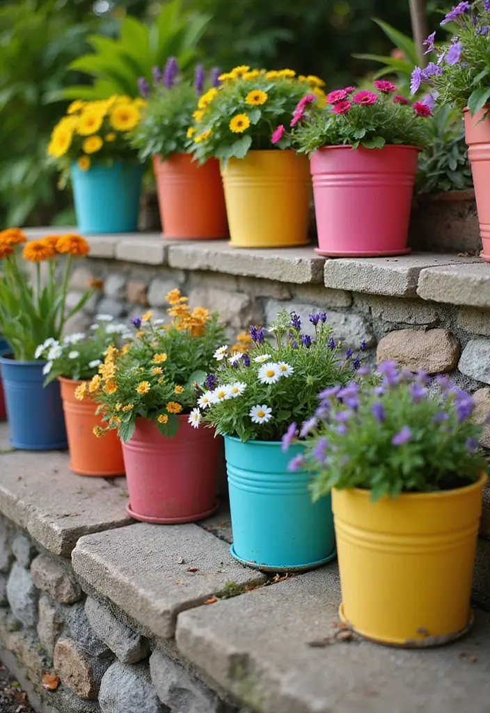 25+ Retaining Wall Planter Ideas That Add Green Layers - 8. Colorful Container Combinations