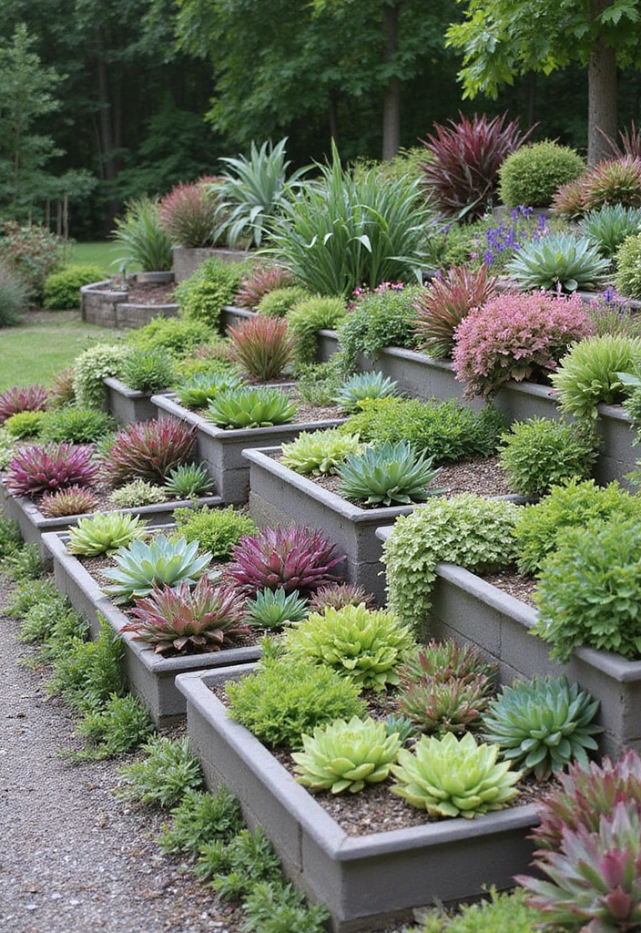 25+ Retaining Wall Planter Ideas That Add Green Layers - 9. Vertical Succulent Stacks