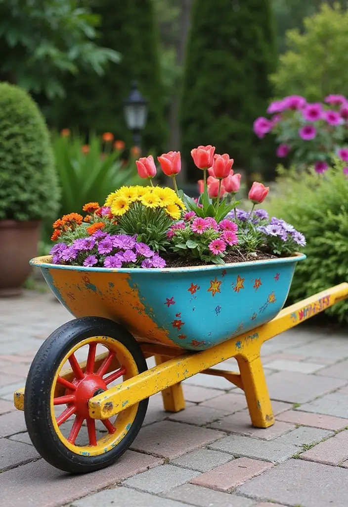 25+ Rustic Wheelbarrow Planter Ideas Full of Vintage Charm 74 25+ Rustic Wheelbarrow Planter Ideas Full of Vintage Charm - 12. Colorful Painted Wheelbarrow Planter