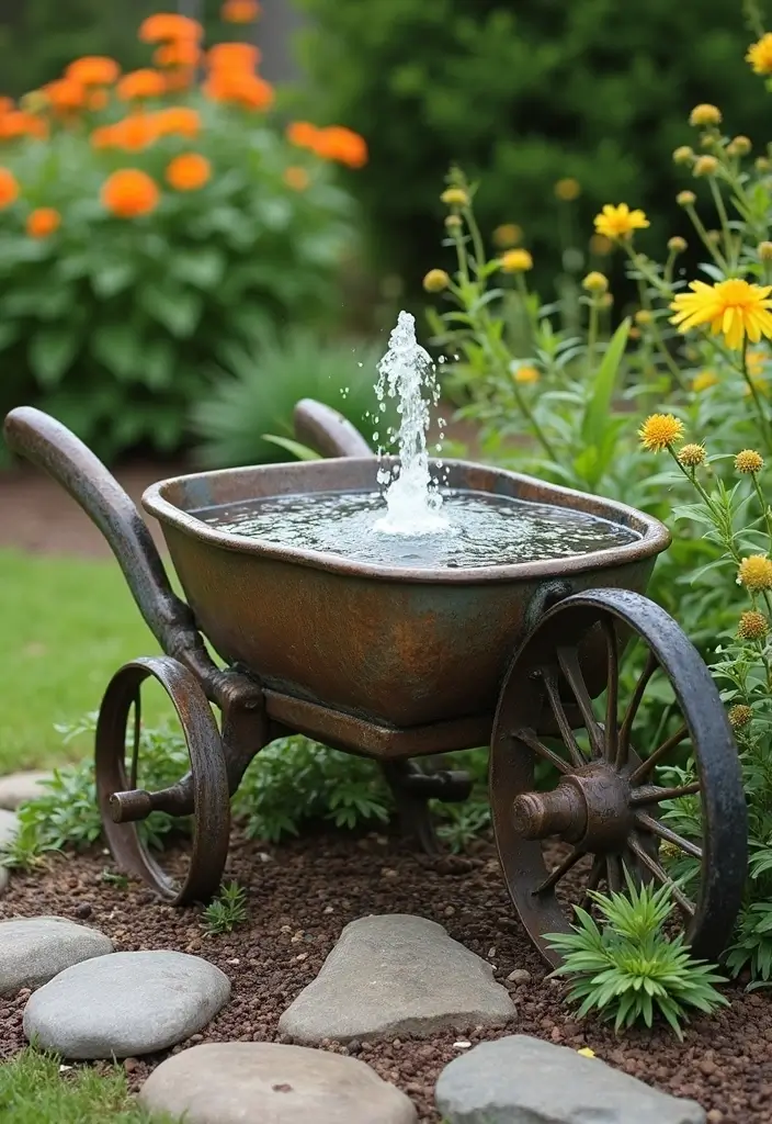 25+ Rustic Wheelbarrow Planter Ideas Full of Vintage Charm 79 25+ Rustic Wheelbarrow Planter Ideas Full of Vintage Charm - 13. Decorative Wheelbarrow Fountain
