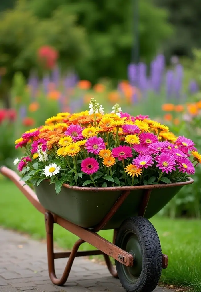 25+ Rustic Wheelbarrow Planter Ideas Full of Vintage Charm 93 25+ Rustic Wheelbarrow Planter Ideas Full of Vintage Charm - 15. Wheelbarrow Planter with Colorful Annuals