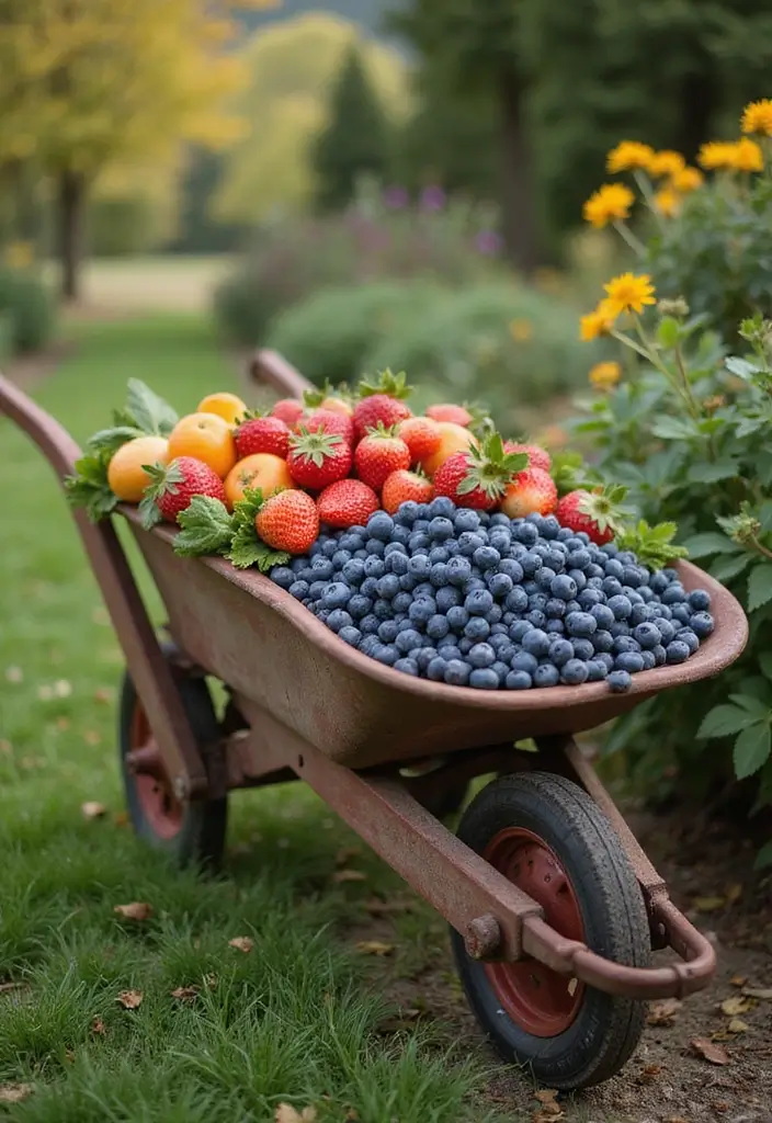 25+ Rustic Wheelbarrow Planter Ideas Full of Vintage Charm 105 25+ Rustic Wheelbarrow Planter Ideas Full of Vintage Charm - 17. Wheelbarrow Planter Displaying Seasonal Fruits