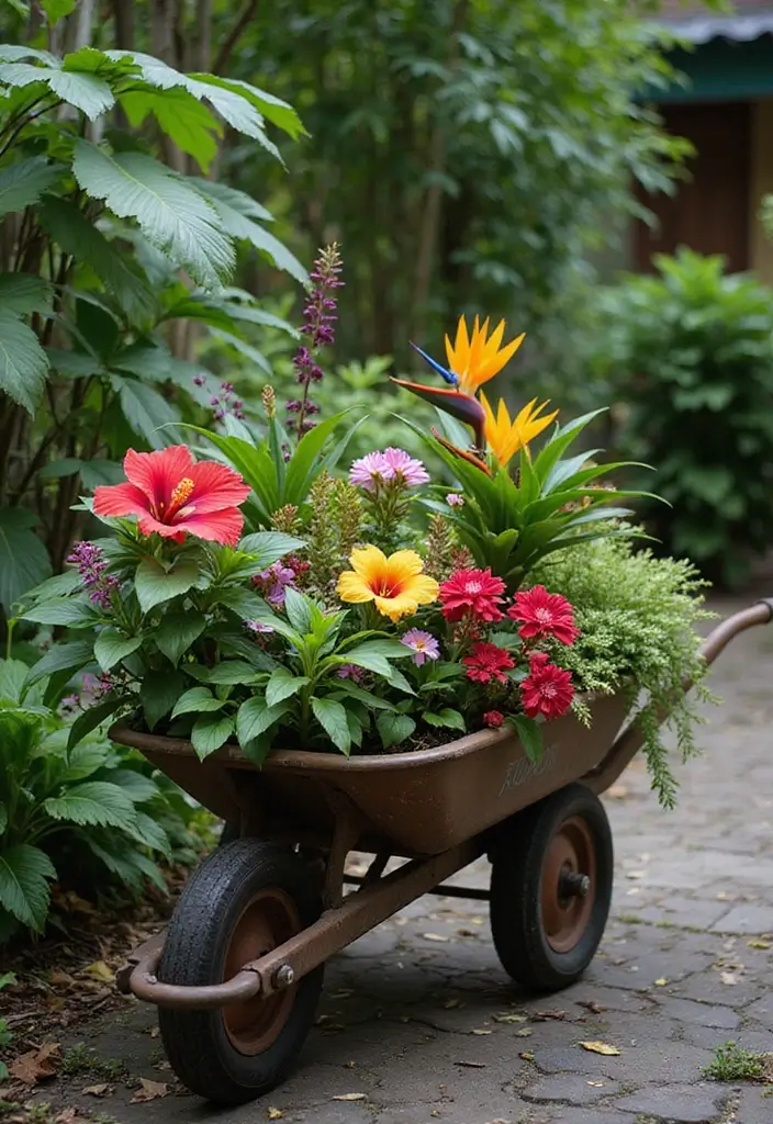 25+ Rustic Wheelbarrow Planter Ideas Full of Vintage Charm 112 25+ Rustic Wheelbarrow Planter Ideas Full of Vintage Charm - 18. Wheelbarrow Planter for Tropical Plants