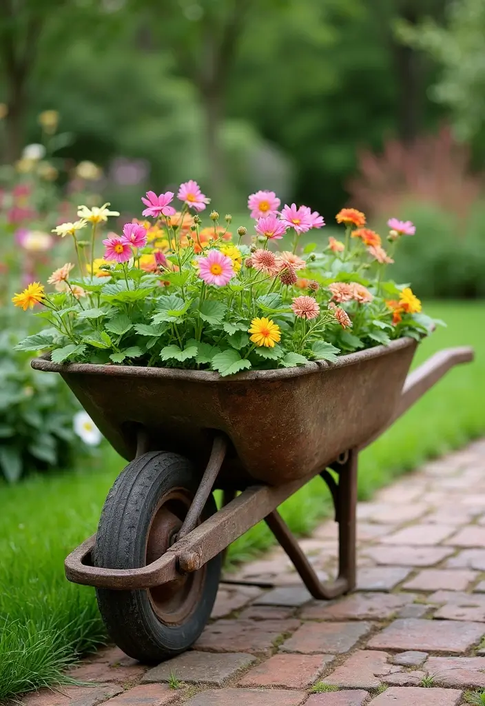 25+ Rustic Wheelbarrow Planter Ideas Full of Vintage Charm 119 25+ Rustic Wheelbarrow Planter Ideas Full of Vintage Charm - 19. Rustic Wheelbarrow Garden Border