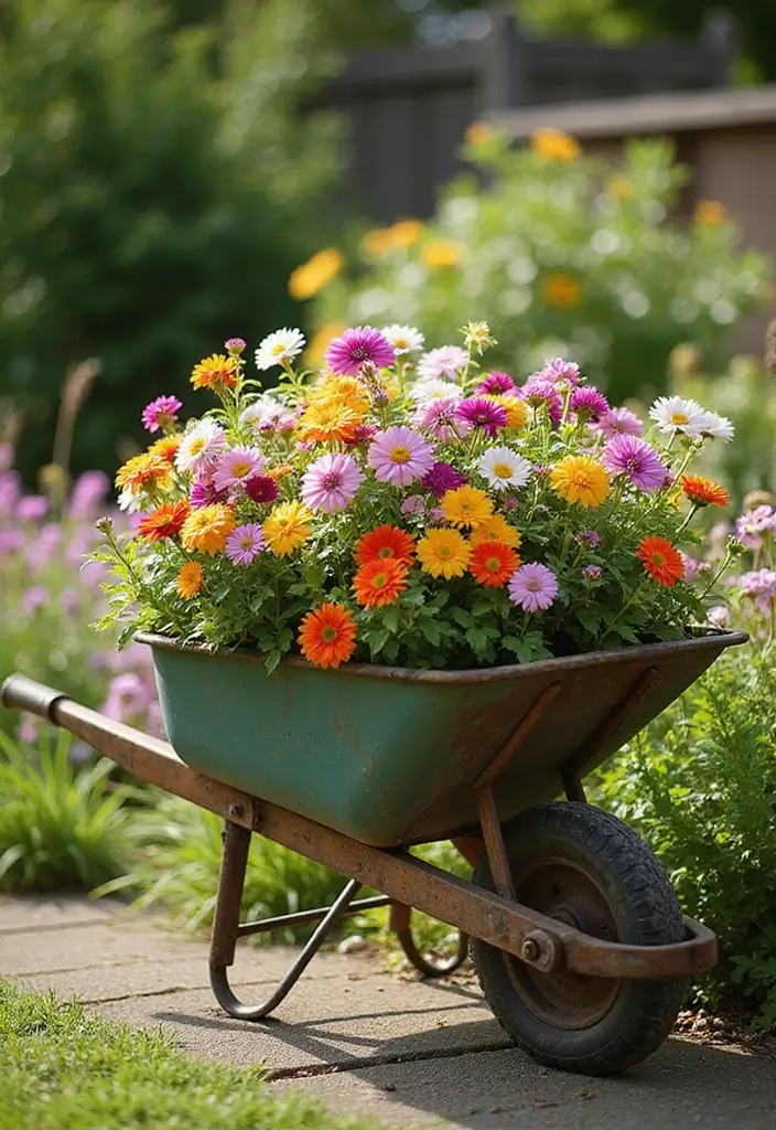 25+ Rustic Wheelbarrow Planter Ideas Full of Vintage Charm 8 25+ Rustic Wheelbarrow Planter Ideas Full of Vintage Charm - 2. Vintage Wheelbarrow Overflowing with Flowers