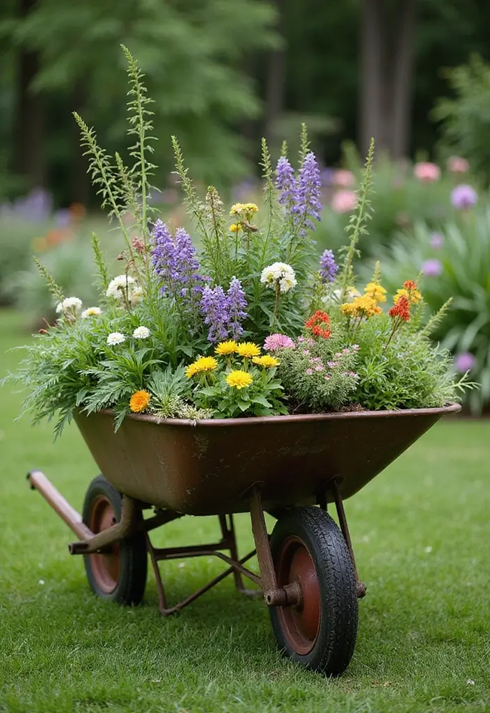 25+ Rustic Wheelbarrow Planter Ideas Full of Vintage Charm 126 25+ Rustic Wheelbarrow Planter Ideas Full of Vintage Charm - 20. Wheelbarrow Planter for a Wildlife Garden