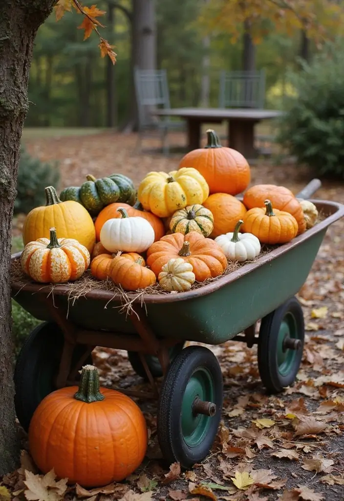 25+ Rustic Wheelbarrow Planter Ideas Full of Vintage Charm 133 25+ Rustic Wheelbarrow Planter Ideas Full of Vintage Charm - 21. Wheelbarrow with a Seasonal Pumpkin Display