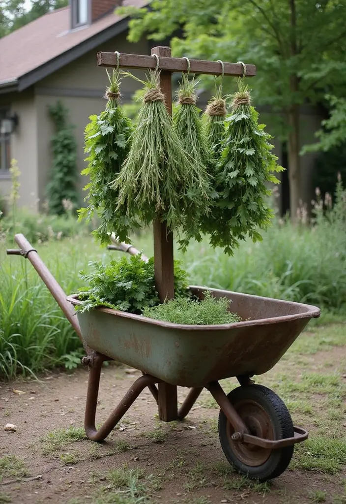 25+ Rustic Wheelbarrow Planter Ideas Full of Vintage Charm 140 25+ Rustic Wheelbarrow Planter Ideas Full of Vintage Charm - 22. Wheelbarrow As Herb Drying Rack