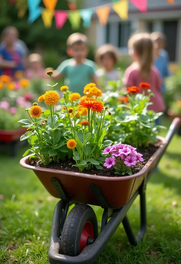 25+ Rustic Wheelbarrow Planter Ideas Full of Vintage Charm 147 25+ Rustic Wheelbarrow Planter Ideas Full of Vintage Charm - 23. Wheelbarrow as a Planting Display for School Projects