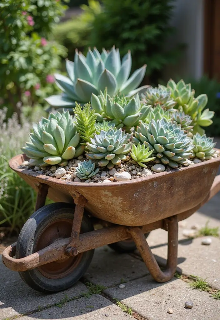 25+ Rustic Wheelbarrow Planter Ideas Full of Vintage Charm 13 25+ Rustic Wheelbarrow Planter Ideas Full of Vintage Charm - 3. Rustic Wheelbarrow Succulent Display