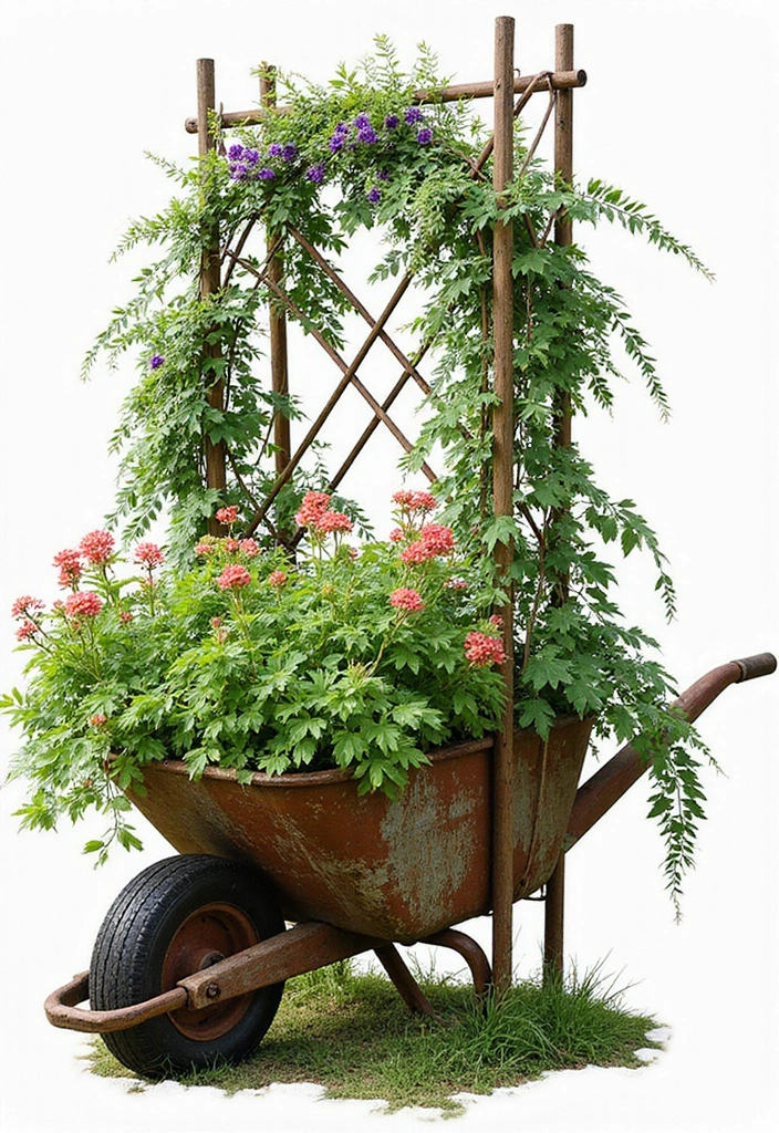 25+ Rustic Wheelbarrow Planter Ideas Full of Vintage Charm 20 25+ Rustic Wheelbarrow Planter Ideas Full of Vintage Charm - 4. Wheelbarrow Planter with a Trellis