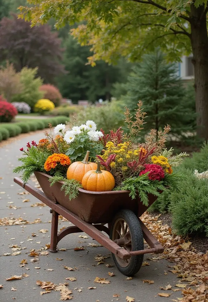25+ Rustic Wheelbarrow Planter Ideas Full of Vintage Charm 41 25+ Rustic Wheelbarrow Planter Ideas Full of Vintage Charm - 7. Rustic Wheelbarrow with Seasonal Decorations