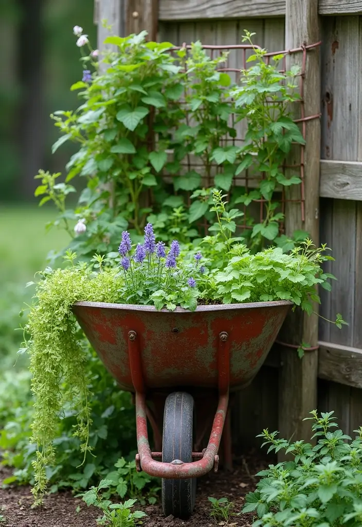 25+ Rustic Wheelbarrow Planter Ideas Full of Vintage Charm 53 25+ Rustic Wheelbarrow Planter Ideas Full of Vintage Charm - 9. Vintage Wheelbarrow Vertical Garden