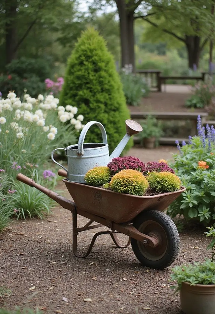 25+ Sedum Planter Ideas That Are Low-Maintenance and Pretty - 22. Sedum in Old Garden Tools