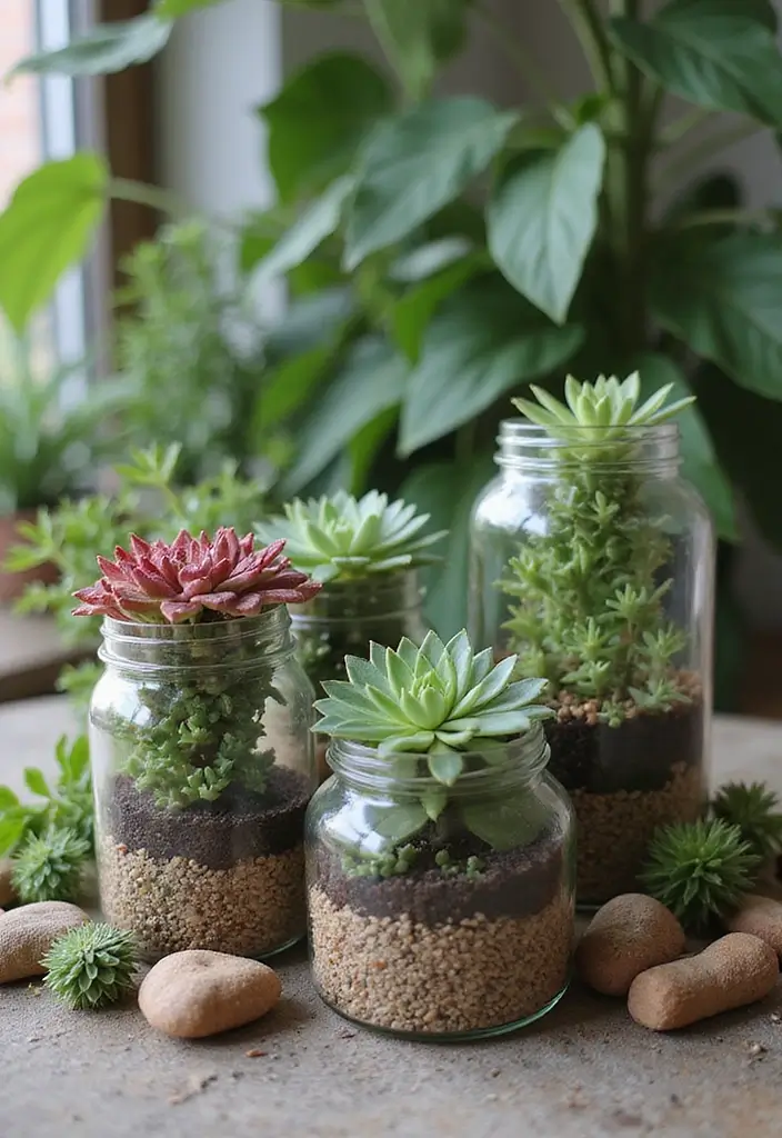 25+ Sedum Planter Ideas That Are Low-Maintenance and Pretty - 24. Sedum and Glass Jar Displays