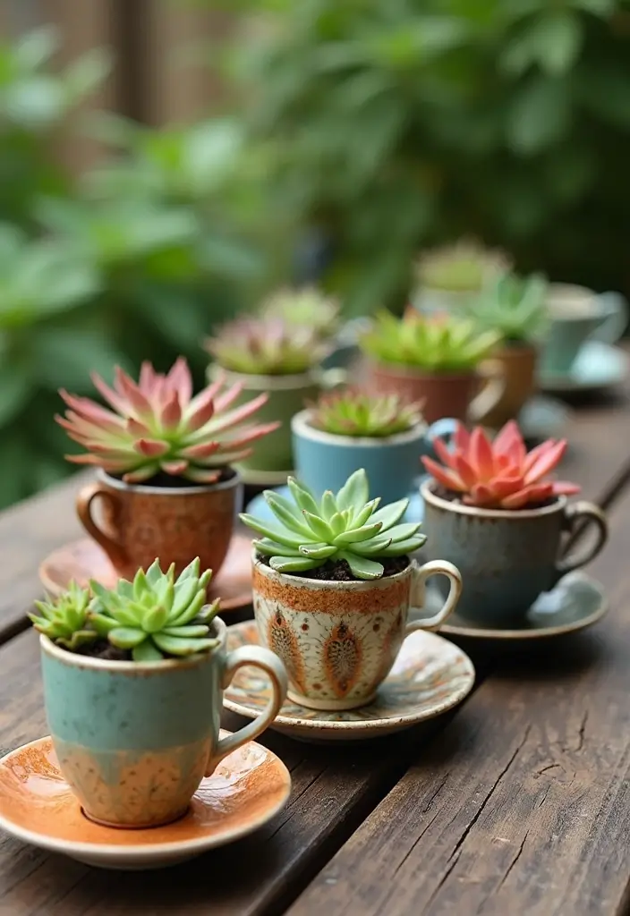 25+ Sedum Planter Ideas That Are Low-Maintenance and Pretty - 3. Quirky Teacup Sedum Planters