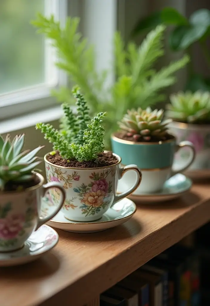 25+ Shady Planter Ideas That Thrive Without Full Sun - 22. Vintage Teacup Planters