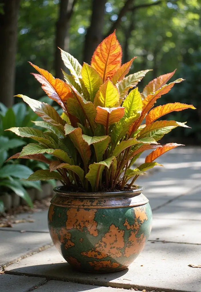 25+ Shady Planter Ideas That Thrive Without Full Sun - 24. Unique Croton Creations
