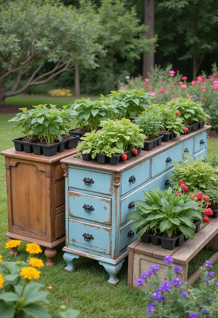 25+ Strawberry Planter Ideas for Sweet and Easy Harvests - 17. Repurposed Furniture Planters