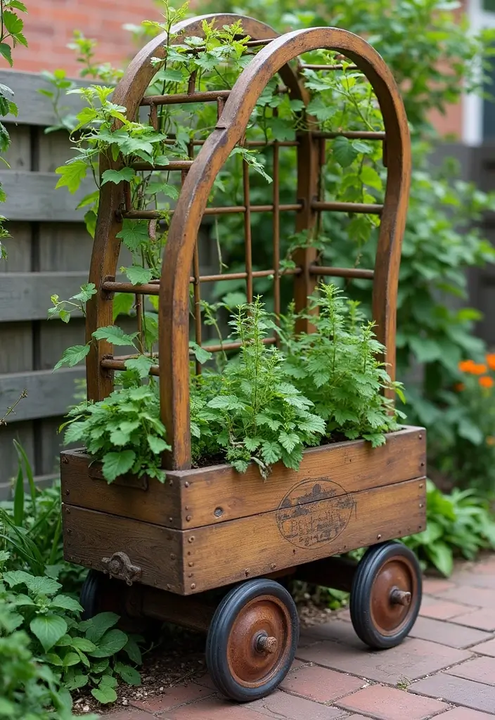 25+ Vegetable Garden Trellis Ideas for Vertical Growth 140 25+ Vegetable Garden Trellis Ideas for Vertical Growth - 22. Repurposed Garden Cart Trellis