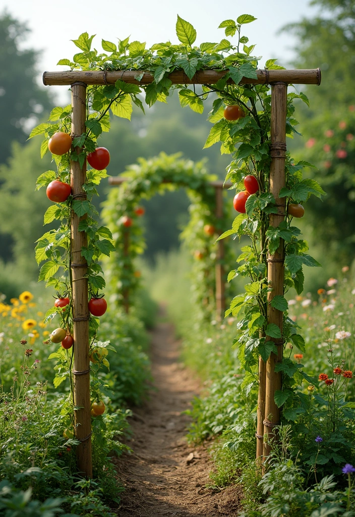 25+ Vegetable Garden Trellis Ideas for Vertical Growth 15 25+ Vegetable Garden Trellis Ideas for Vertical Growth - 3. Bamboo Pole Trellis