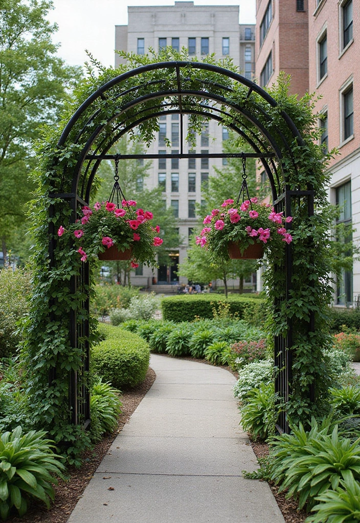 25+ Vegetable Garden Trellis Ideas for Vertical Growth 55 25+ Vegetable Garden Trellis Ideas for Vertical Growth - 9. Garden Arch with Hanging Baskets