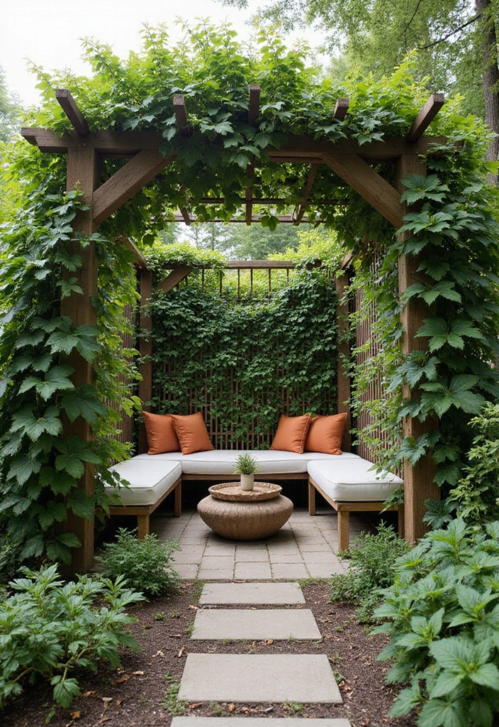 25+ Wall Trellis Ideas to Add Texture and Greenery - 17. Trellis with Integrated Seating