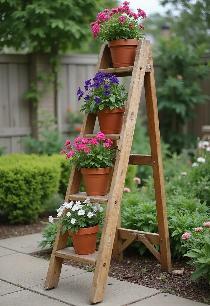 25+ Wooden Planter Ideas for Natural Garden Style 36 25+ Wooden Planter Ideas for Natural Garden Style - 6. Wooden Ladder Plant Stand