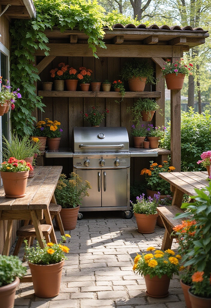 30 BBQ Planter Ideas to Add Greenery to Your Outdoor Grill Area - 15. Colorful Flower Pots