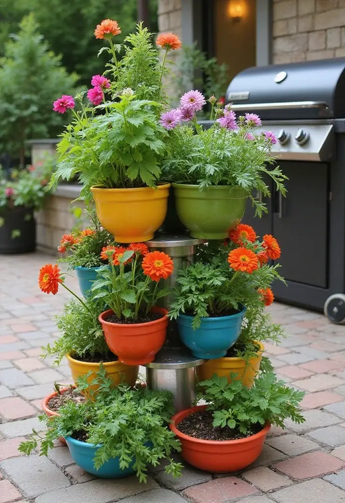30 BBQ Planter Ideas to Add Greenery to Your Outdoor Grill Area - 21. Colorful Stacked Planters
