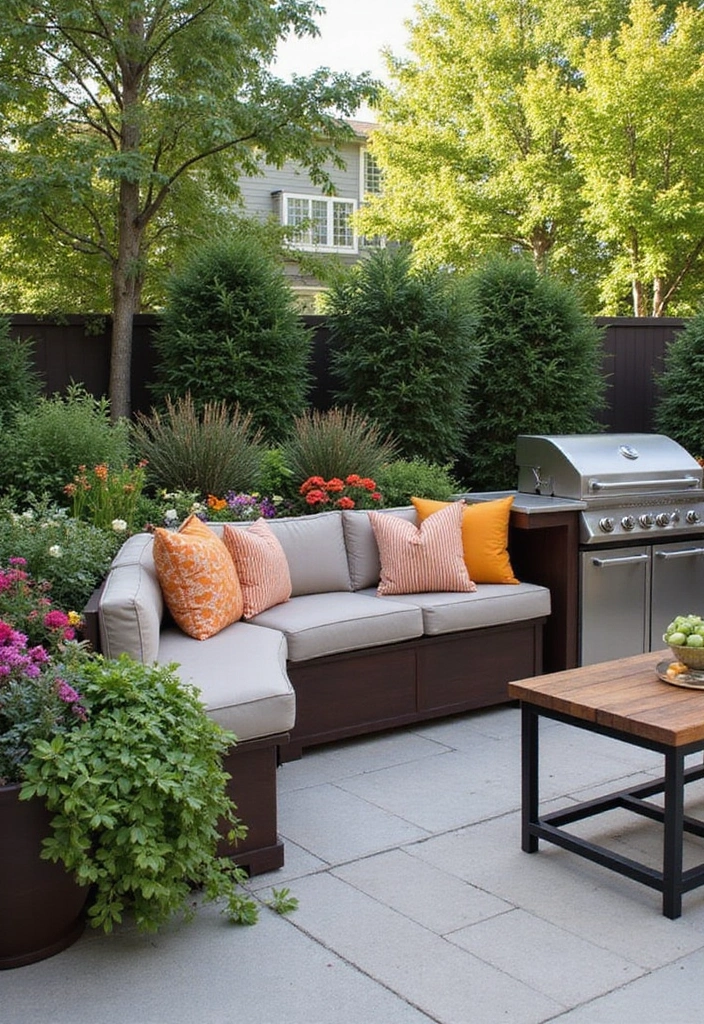 30 BBQ Planter Ideas to Add Greenery to Your Outdoor Grill Area - 22. Combination Planter Bench
