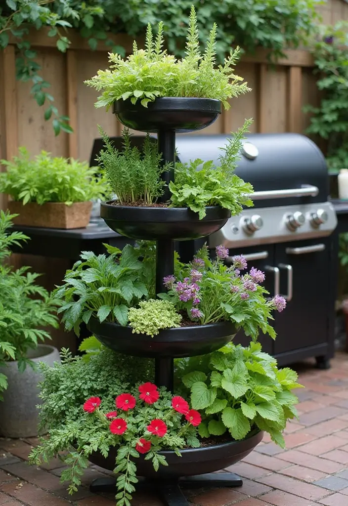 30 BBQ Planter Ideas to Add Greenery to Your Outdoor Grill Area - 24. Tiered Plant Stands