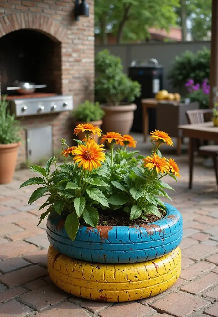 30 BBQ Planter Ideas to Add Greenery to Your Outdoor Grill Area - 27. Creative Use of Old Tires
