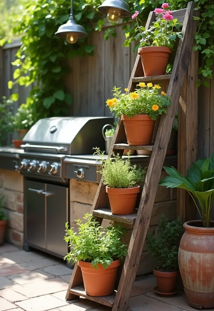 30 BBQ Planter Ideas to Add Greenery to Your Outdoor Grill Area - 9. Ladder Planter Display