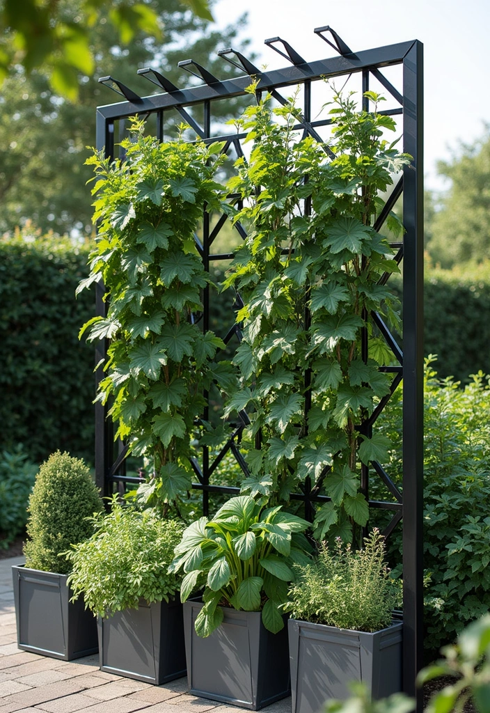 30 Backyard Trellis Ideas to Elevate Your Garden Space 15 30 Backyard Trellis Ideas to Elevate Your Garden Space - 3. Modern Minimalist Metal Trellis