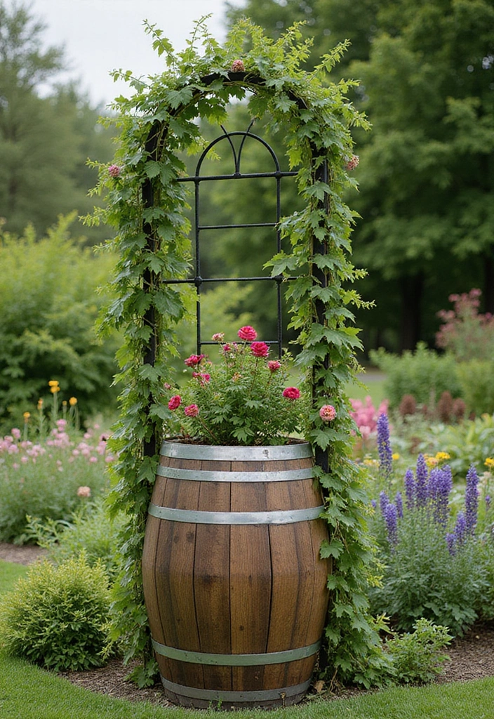 30 Backyard Wine Barrel Planter Ideas for Country Appeal 102 30 Backyard Wine Barrel Planter Ideas for Country Appeal - 16. Wine Barrel Trellis