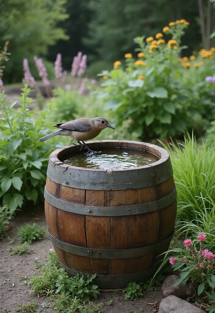 30 Backyard Wine Barrel Planter Ideas for Country Appeal 109 30 Backyard Wine Barrel Planter Ideas for Country Appeal - 17. Rustic Birdbath