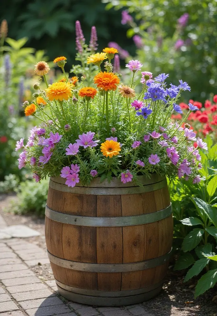 30 Backyard Wine Barrel Planter Ideas for Country Appeal 117 30 Backyard Wine Barrel Planter Ideas for Country Appeal - 19. Edible Flower Planter