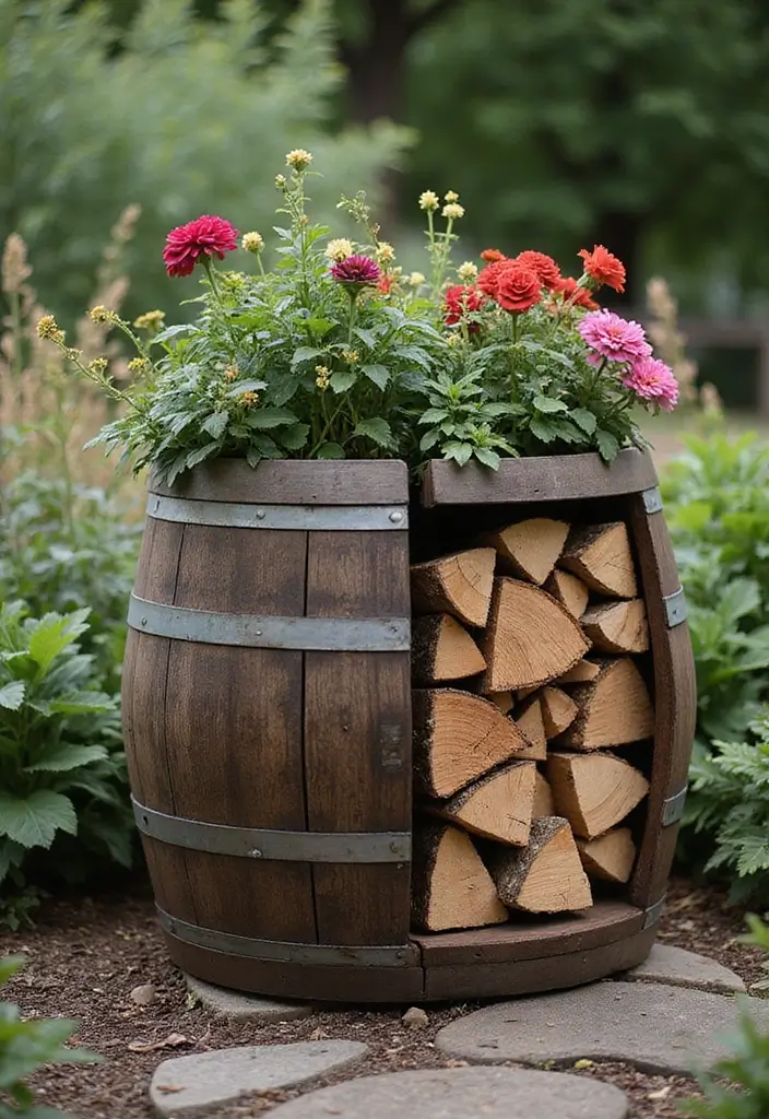 30 Backyard Wine Barrel Planter Ideas for Country Appeal 124 30 Backyard Wine Barrel Planter Ideas for Country Appeal - 20. Combined Planter and Firewood Holder
