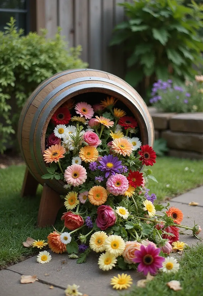 30 Backyard Wine Barrel Planter Ideas for Country Appeal 139 30 Backyard Wine Barrel Planter Ideas for Country Appeal - 23. Spilled Flower Planter