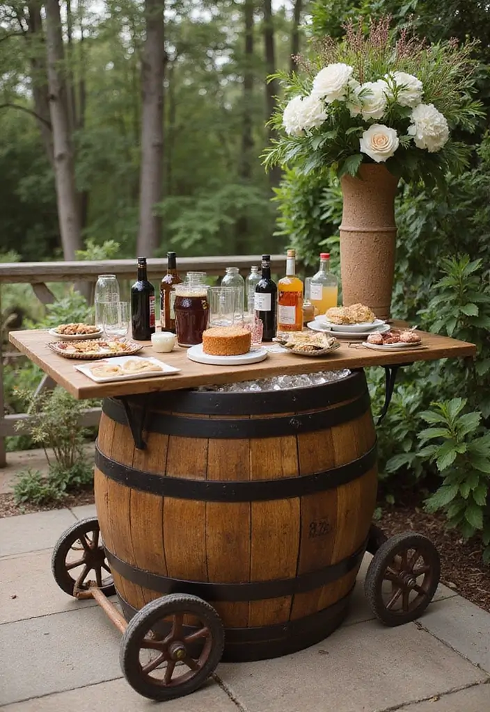 30 Backyard Wine Barrel Planter Ideas for Country Appeal 158 30 Backyard Wine Barrel Planter Ideas for Country Appeal - 26. Rustic Bar Cart