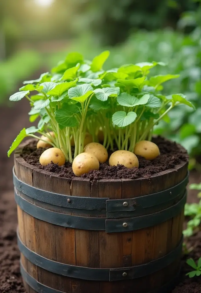 30 Backyard Wine Barrel Planter Ideas for Country Appeal 172 30 Backyard Wine Barrel Planter Ideas for Country Appeal - 28. Vertical Potato Planter