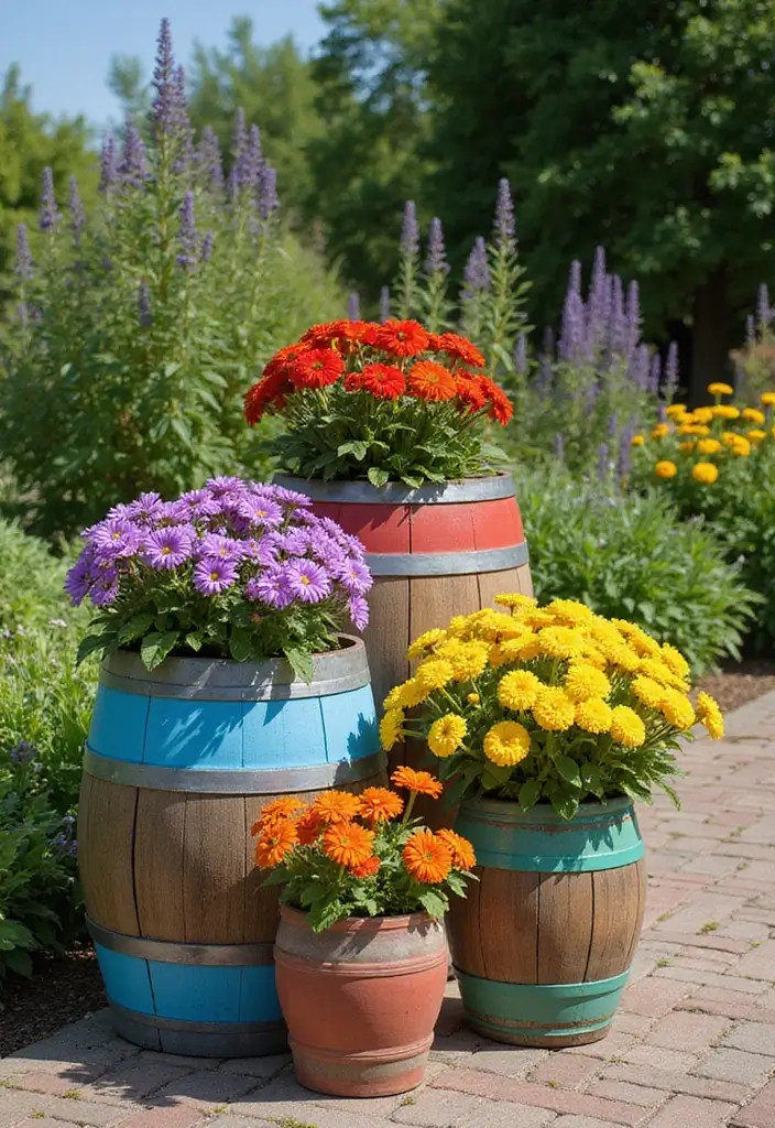 30 Backyard Wine Barrel Planter Ideas for Country Appeal 15 30 Backyard Wine Barrel Planter Ideas for Country Appeal - 3. Flowering Planter Display