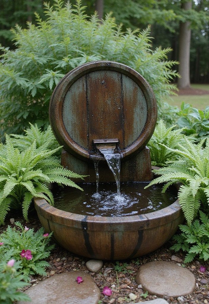 30 Backyard Wine Barrel Planter Ideas for Country Appeal 22 30 Backyard Wine Barrel Planter Ideas for Country Appeal - 4. Rustic Fountain Feature