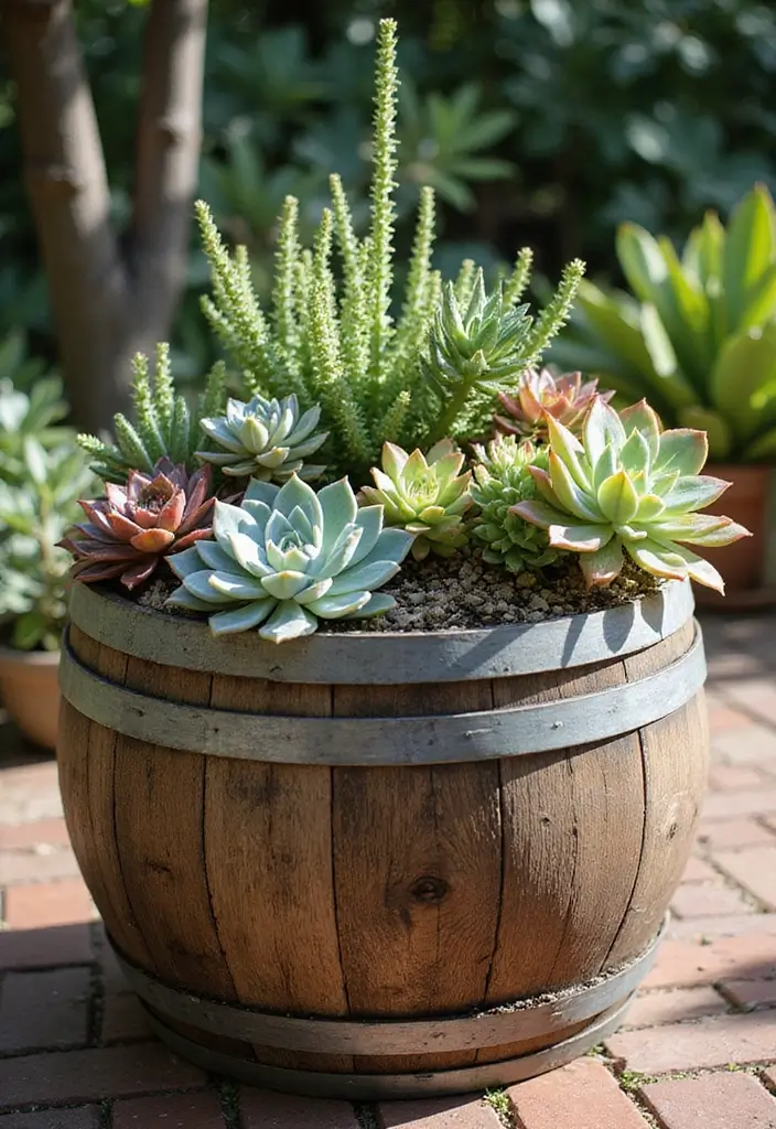 30 Backyard Wine Barrel Planter Ideas for Country Appeal 36 30 Backyard Wine Barrel Planter Ideas for Country Appeal - 6. Colorful Succulent Garden