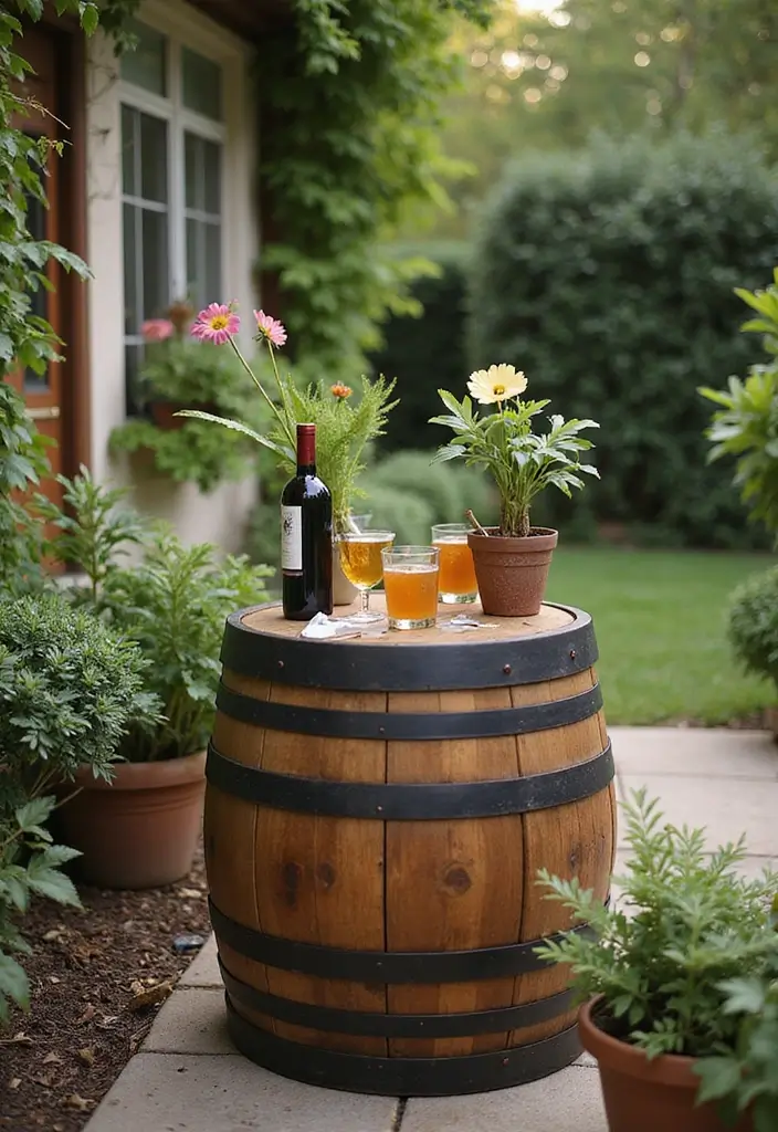 30 Backyard Wine Barrel Planter Ideas for Country Appeal 50 30 Backyard Wine Barrel Planter Ideas for Country Appeal - 8. Rustic Garden Table