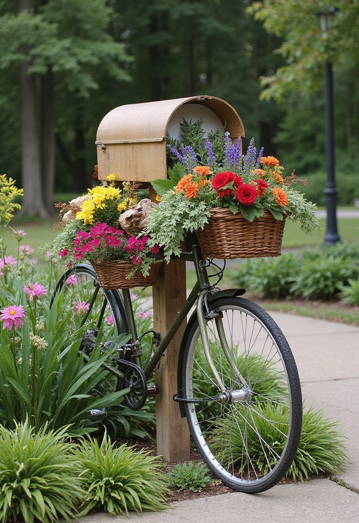 30 Bike Planter Ideas for a Vintage Garden Touch - 11. Bicycle Frame Letterbox Planter