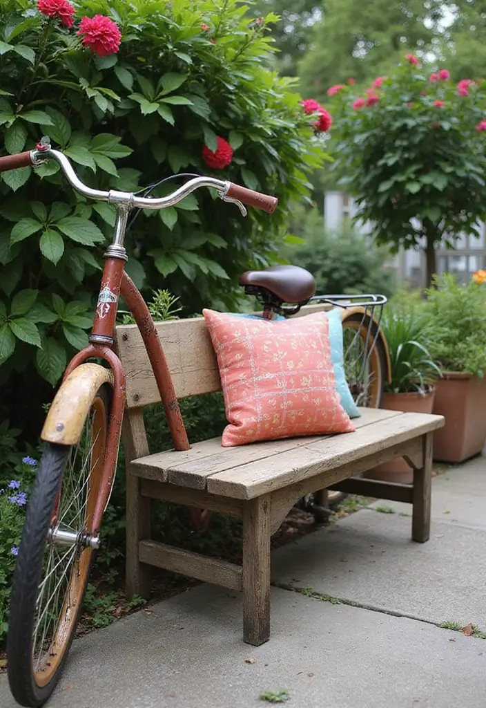 30 Bike Planter Ideas for a Vintage Garden Touch - 13. Rustic Bicycle Garden Bench